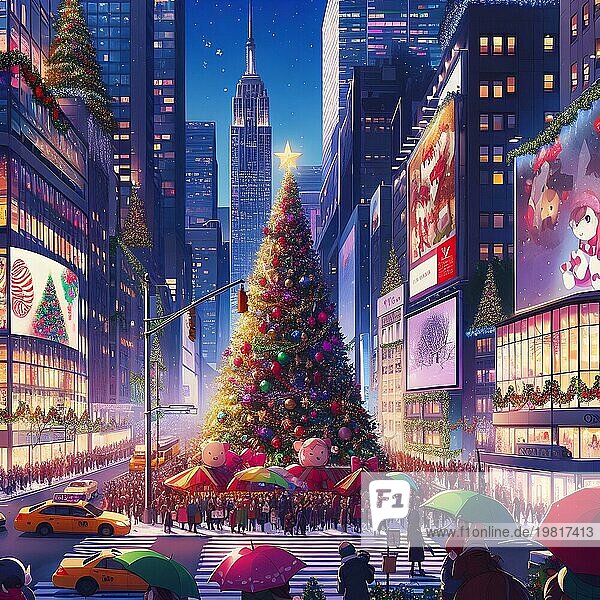 Weihnachtsbaum mit hellen goldenen funkelnden Girlande auf Weihnachtsbaum in der cuty von New York. Neujahrsatmosphäre. Feiertage und Neujahr Konzept. AI generiert