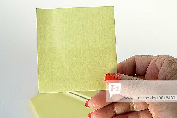 Frauenhand mit lackierten Nägeln hält leeres Briefpapier auf rein weißem Hintergrund
