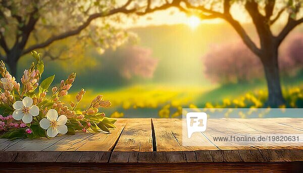 Frühlingszeit Szene mit einem alten Holztisch mit Blumen und grünen Blättern geschmückt. Frühlingsmorgen im Freien im Garten  Hintergrund mit Kopierraum. AI generiert Kunst  KI generiert