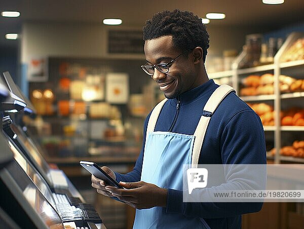 Einkaufen und Kontrolle mit dem Handy beim Einkaufen  mobiles Bezahlen  mobile Kontrolle über das Smartphone  KI generiert