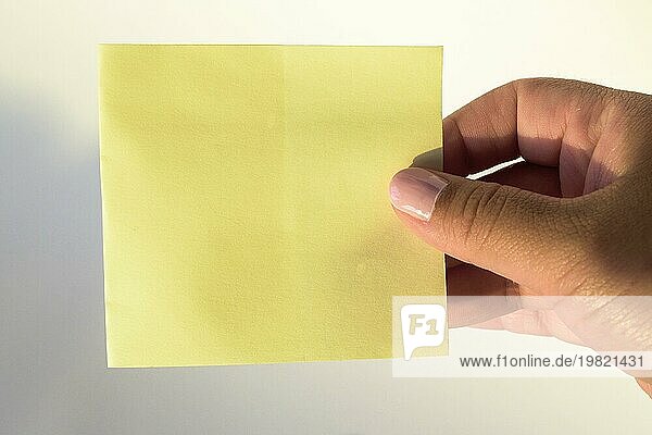 Frauenhand mit lackierten Nägeln hält leeres Briefpapier auf rein weißem Hintergrund