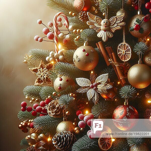Weihnachtsbaum mit hellen goldenen und roten Kugeln  funkelnde Girlande auf Weihnachtsbaum. Neujahrsatmosphäre. Feiertage und Neujahr Konzept. AI generiert