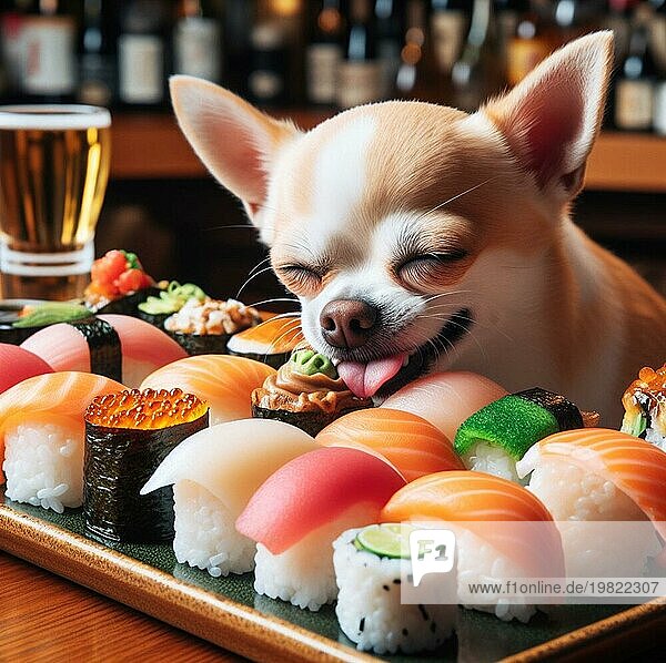 Anthropomorphic lustig glücklich träumen mit geschlossenen Augen chihuahua Hund essen Sushirollen und Sashimi im asiatischen Restaurant ai erzeugt