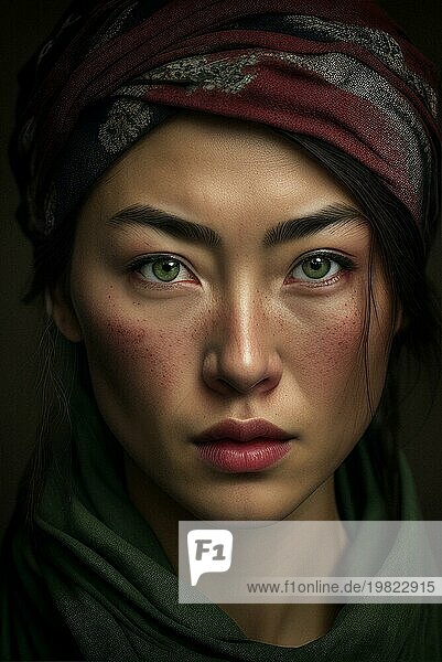 Porträt  Junge asiatische Frau mit schwarzem Haar und weinrotem Kopftuch  Sommersprossen  grün leuchtende Augen  uigurisch AI generiert
