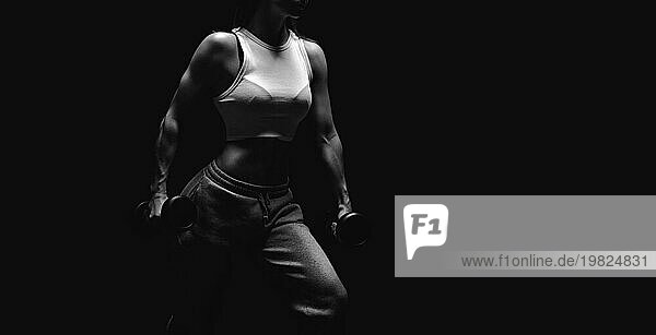 Sportliche Fitnessfrau die im Studio vor einem dunklen Hintergrund posiert. Foto einer attraktiven Frau in modischer Sportkleidung. Sport und gesunder Lebensstil. Gemischte Medien