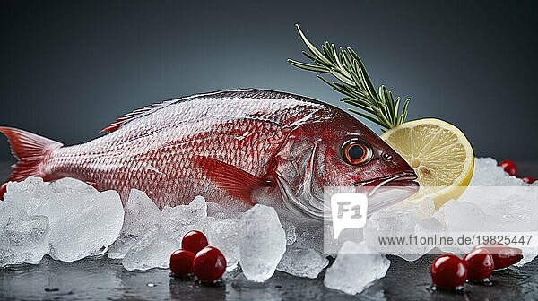 Frische rote Fische auf Eis auf dunkelblauem Hintergrund mit Bokeh Ai generiert