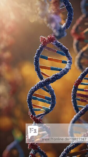 Von künstlicher Intelligenz erzeugtes DNA Molekül. Chemische Struktur der DNA. Chemisches und biologisches Unterrichtskonzept. AI generiertes Bild