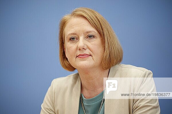 Lisa Paus (Greens) Federal Minister for Family Affairs  recorded during the press conference on the agreement on basic child protection in the BPK in Berlin  28 August 2023.