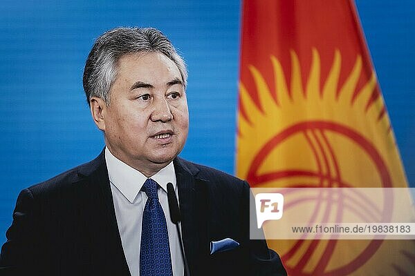 Zheenbek Kulubayev  Foreign Minister of Kyrgyzstan  speaks to the media in Berlin  24 August 2023