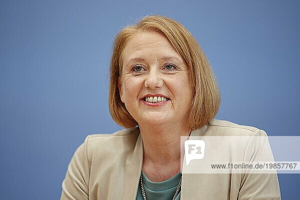 Lisa Paus (Greens) Federal Minister for Family Affairs  recorded during the press conference on the agreement on basic child protection in the BPK in Berlin  28 August 2023.