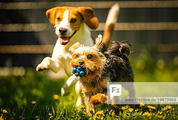 Niedlicher Yorkshire Terrier Hund läuft mit Beagle Hund auf Gras am sonnigen Tag. Um Hunde klein und mittel zusammen spielen. Hunde Hintergrund
