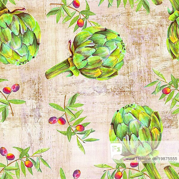 Ein nahtloses Aquarell Muster von lebendigen Olivenbaum Zweige mit Oliven und Artischocken  eine mediterrane Küche wiederholen Druck auf einem alten Papier Hintergrund