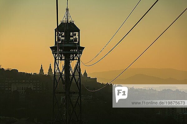 A picture of one of the Port Cable Car towers captured at sunset
