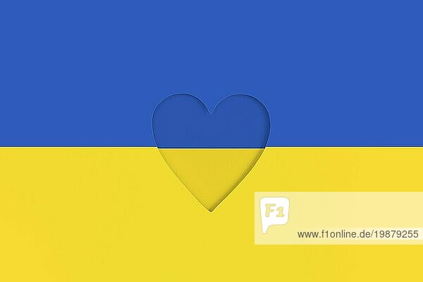Flagge der Ukraine auf bedrucktem Karton mit ausgestanzter Herzform im Inneren. Ansicht von oben