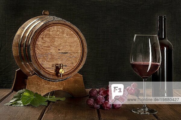 Ein Glas Rotwein mit einer Flasche  einem Weinfass  Trauben und Weinblättern  Seitenansicht auf einem dunklen rustikalen Hintergrund  Low Key Foto mit Kopierraum