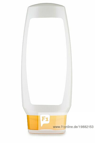 Weiße Shampooflasche mit orangefarbenem Deckel