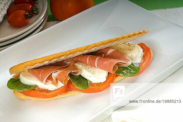 Panini Sandwich mit frischem Caprese und Parmaschinken  Foodfotografie