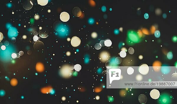 Fliegende Partikel auf schwarzem Hintergrund  Bokeh Textur  verschwommen festliche Lichter  glitzernde Konfetti platzen  glänzende Sprenkel  orange grün blau weißen Farben