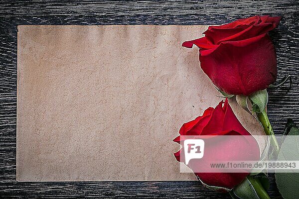 Blank vintage Papier rot natürlichen Rosen auf Holzbrett