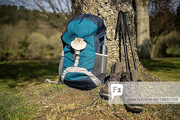 Rucksack mit Muschelsymbol des Jakobsweges  Trekkingstiefel und Stöcke  die an einem Baum lehnen. Pilgerreise nach Santiago de Compostela