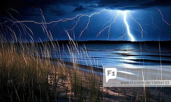 Blitzschlag über dem Meer bei stürmischer Nacht. Natur Hintergrund AI generiert  KI generiert