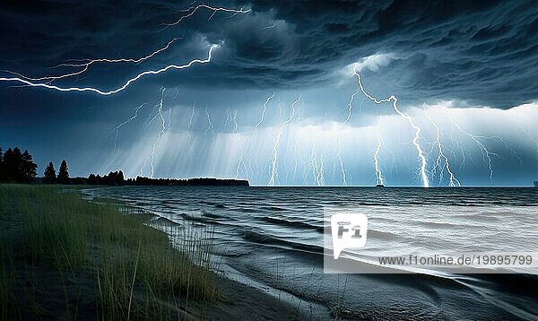 Blitzschlag über dem Meer bei stürmischer Nacht. Natur Hintergrund Ai generiert