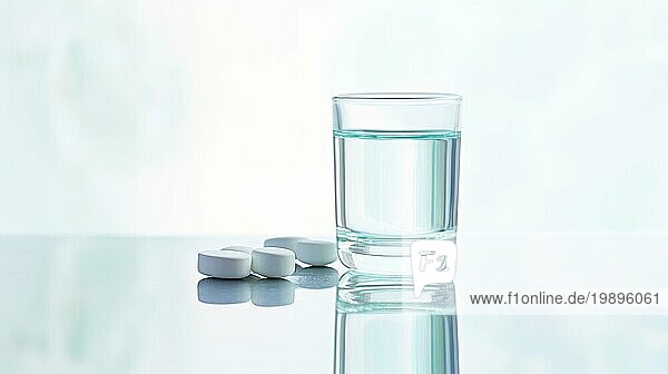 Glas Wasser und Pillen auf weißem Hintergrund. Selektiver Fokus AI erzeugt  KI generiert
