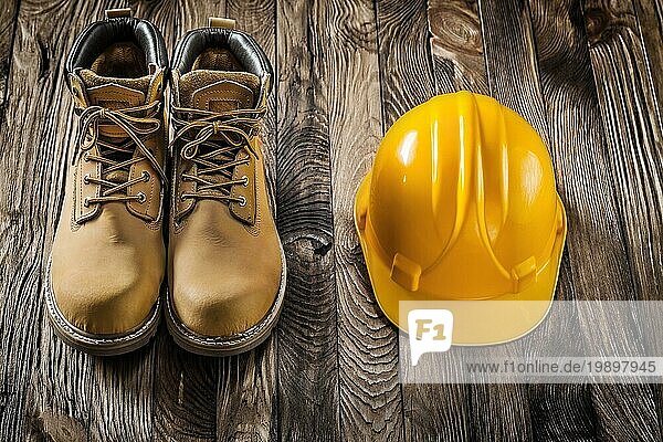 Construction Sicherheitswerkzeuge gelben Helm und Leder Arbeitsstiefel auf Vintage Holz Hintergrund