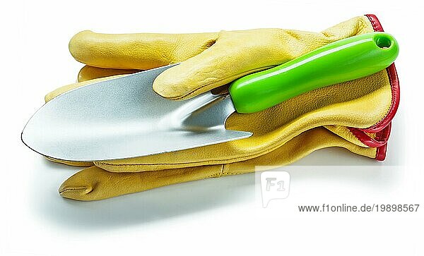 Landwirtschaftliche Werkzeuge Paar gelbe Lederarbeitshandschuhe und Handspaten isoliert