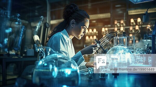 Wissenschaftlerin bei der Arbeit im Labor. Wissenschaft  Chemie  Biologie  Medizin und Menschen Konzept AI erzeugt  KI generiert