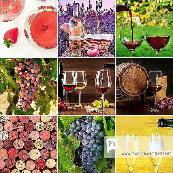 Französische Wein Collage. Viele Fotos von Trauben  Weingläsern  Fässern  Korken und Champagner  eine quadratische Designvorlage für ein Banner  einen Flyer oder eine Restaurantkarte