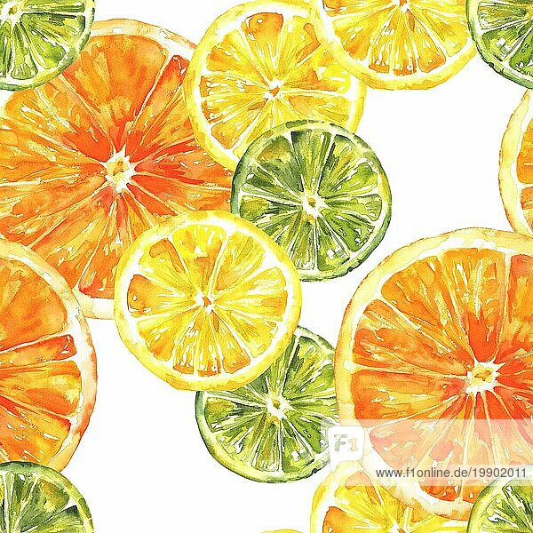 Eine nahtlose Hintergrundmuster mit lebendigen Hand gezeichnet Aquarell Zitronen  Orangen und Limetten  Zitrus wiederholen drucken