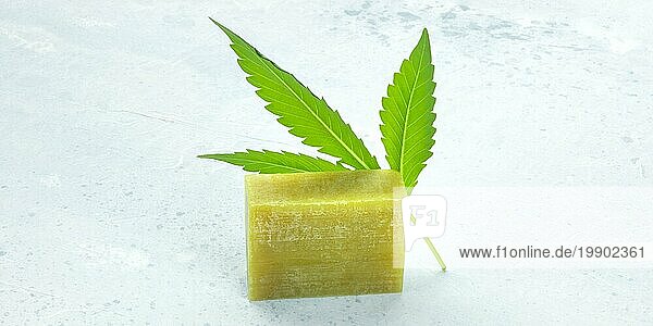 Cannabis Seifenstück Panorama  mit einem Cannabisblatt und Kopierraum