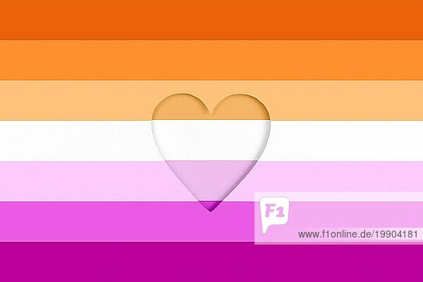 Lesbischer Flaggenhintergrund. Regenbogen Bedruckter Karton mit ausgestanzter Herzform. Ansicht von oben