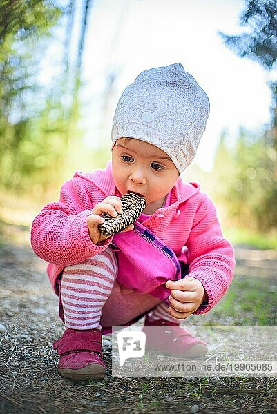 Adorable Baby Ducken auf Waldweg in der Natur. Porträt von 1 Jahr altes Mädchen im Wald mit Tannenzapfen im Monat. Konzept erforschen