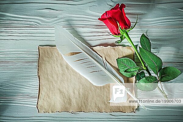 Natürliche rote Rose Vintage Papier Blatt Feder auf Holzbrett Feiern Konzept