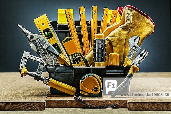 Werkzeugkasten mit vielen Bauwerkzeugen auf Holzbrettern