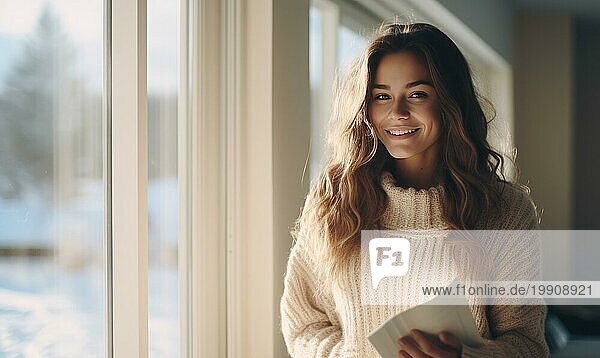 Schöne Frau stehen in der Nähe des Fensters und lächeln Ai erzeugt