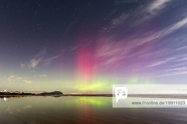 UK  Scotland  North Berwick  Pink aurora borealis at night