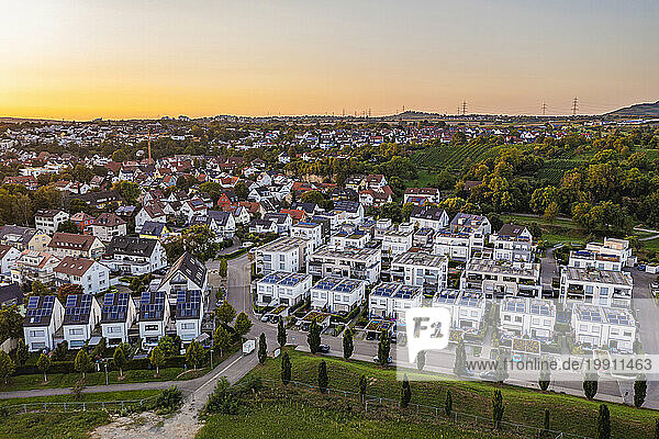 Germany  Baden-Wurttemberg  Waiblingen  Aerial view of new modern development area at sunset