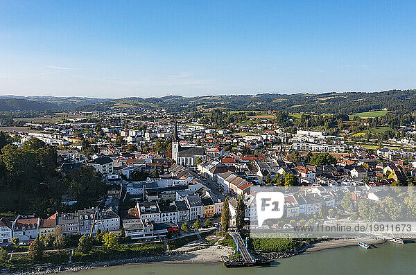Austria  Upper Austria  Ottensheim  Drone view of town on Danube river