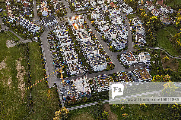 Germany  Baden-Wurttemberg  Waiblingen  Aerial view of new modern development area at dusk
