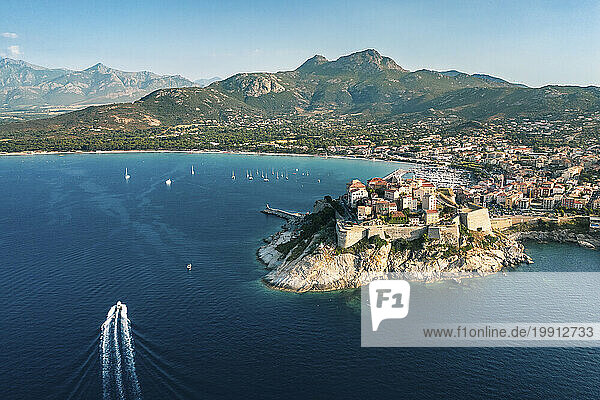 France  Haute-Corse  Calvi  Aerial view of town on shore of Corsica island
