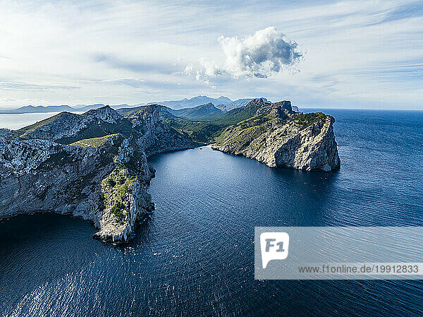 Spain  Mallorca  Pollenca  Aerial view of bay at Cabo Formentor