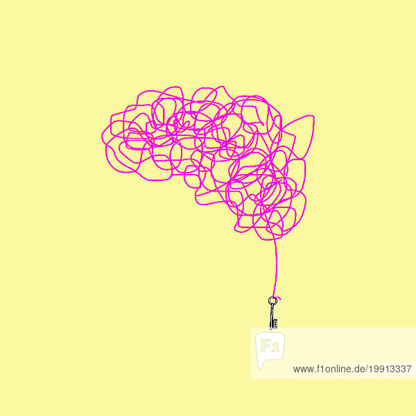 Key at end of brain shaped tangled string