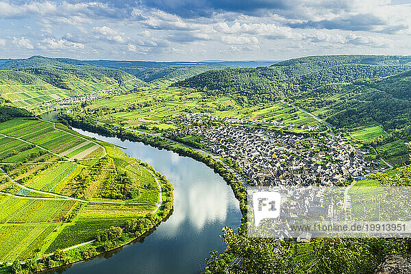 Germany  Rhineland-Palatinate  Bremm  Aerial view of Mosel river and surrounding landscape in summer