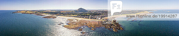 UK  Scotland  North Berwick  Aerial panorama of coastal town