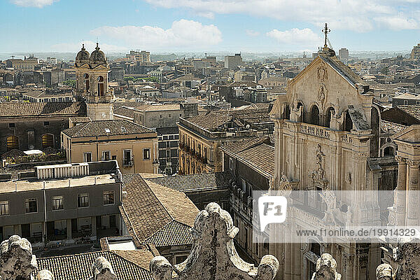 Italy  Sicily  Catania  City roofs with church in foreground