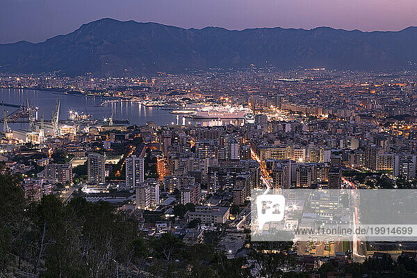 Italy  Sicily  Palermo  View from Mount Pellegrino hill at dusk