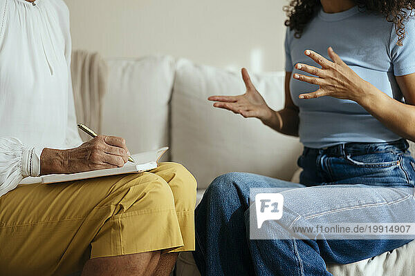 Patient with psychotherapist having consultation meeting at home